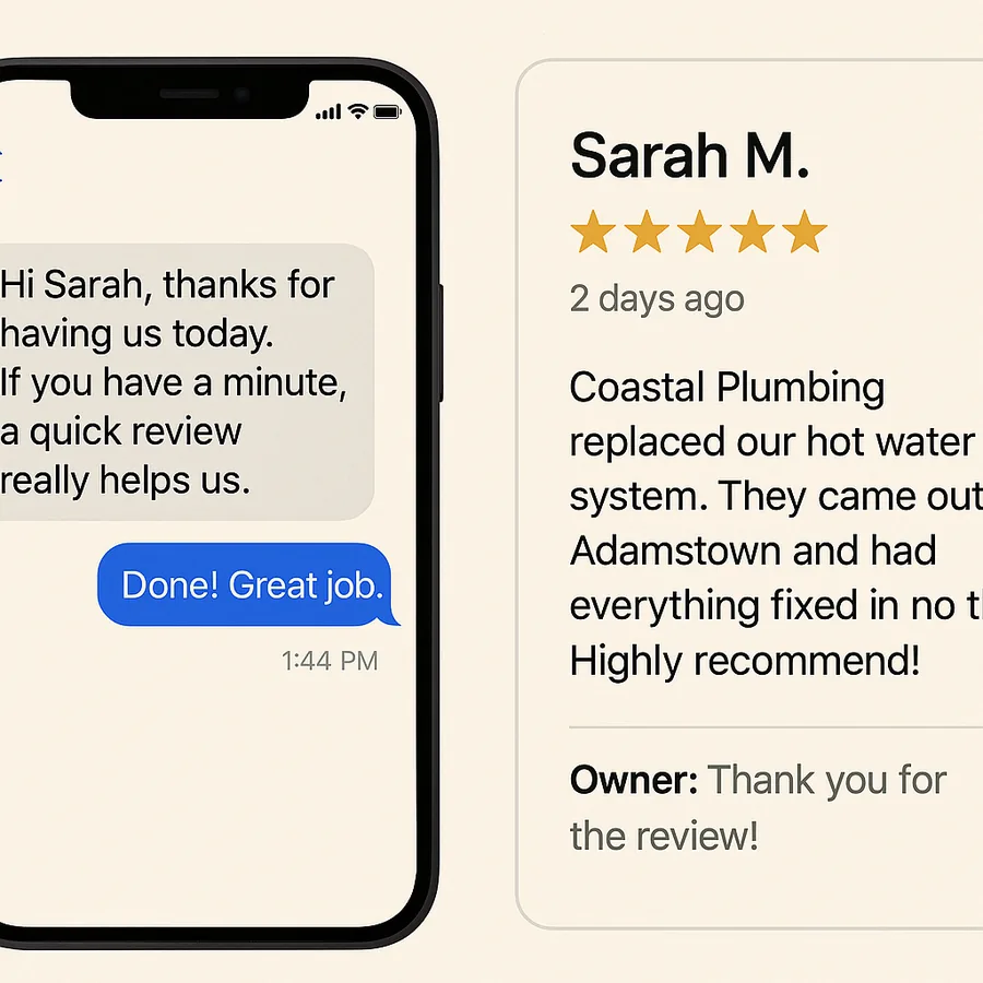 A review request going out by text the afternoon a job finished, and the five star review it produced two days later