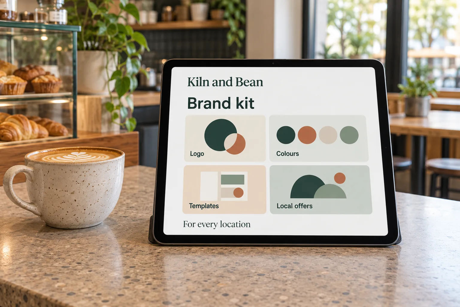 A tablet showing a Kiln and Bean brand kit concept