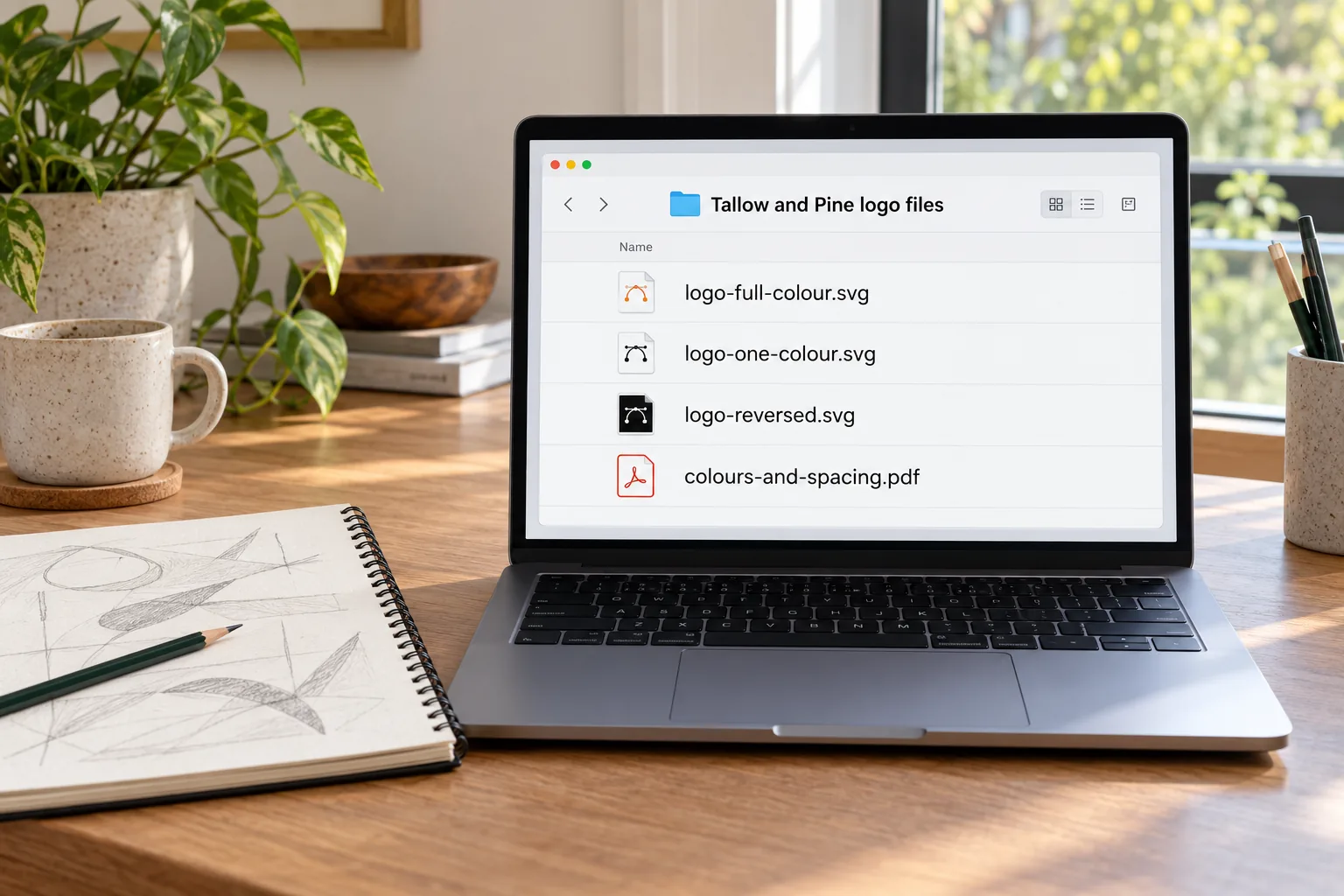A laptop showing a Tallow and Pine logo files folder concept