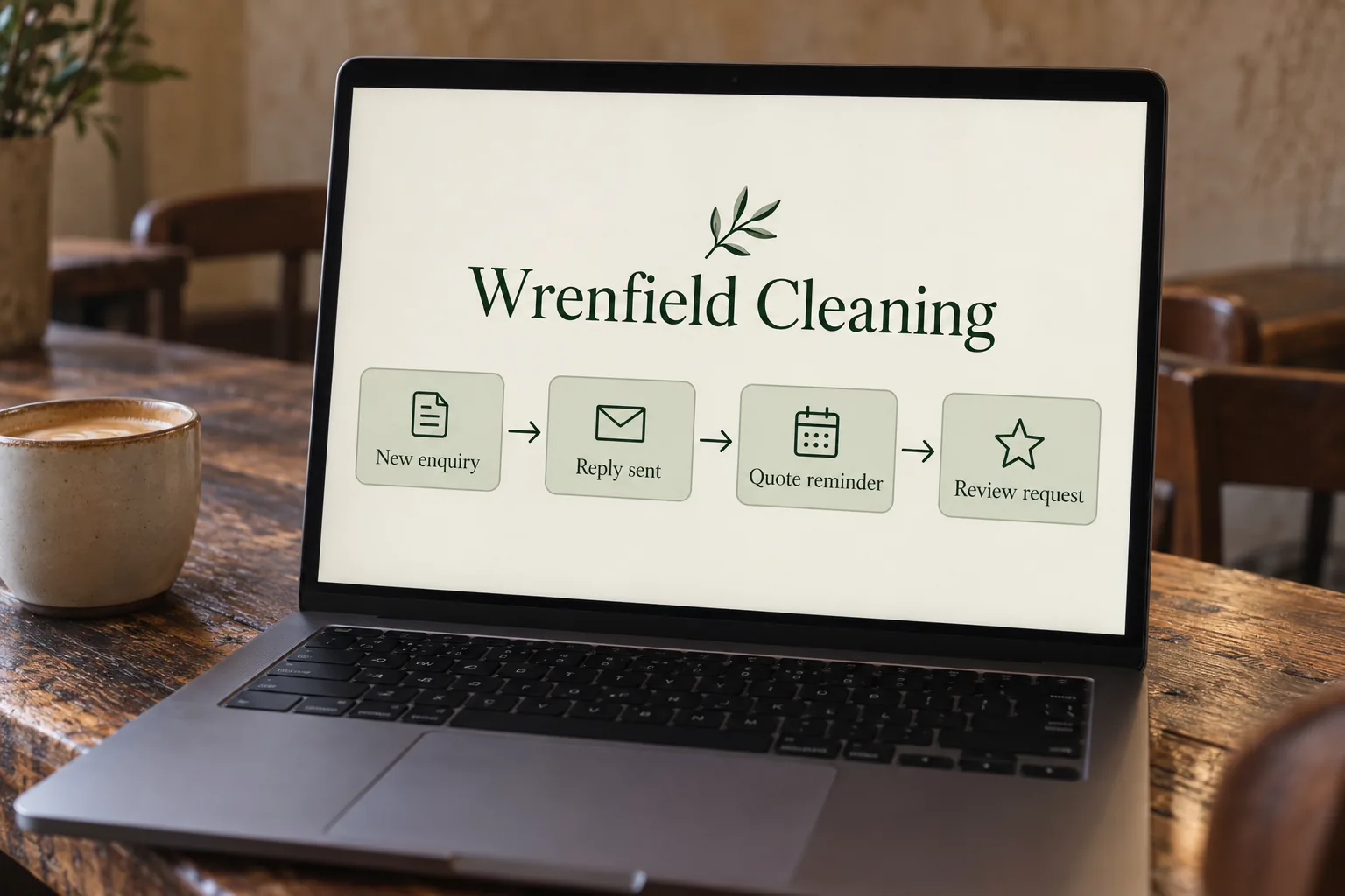 A laptop showing a Wrenfield Cleaning enquiry follow-up workflow concept
