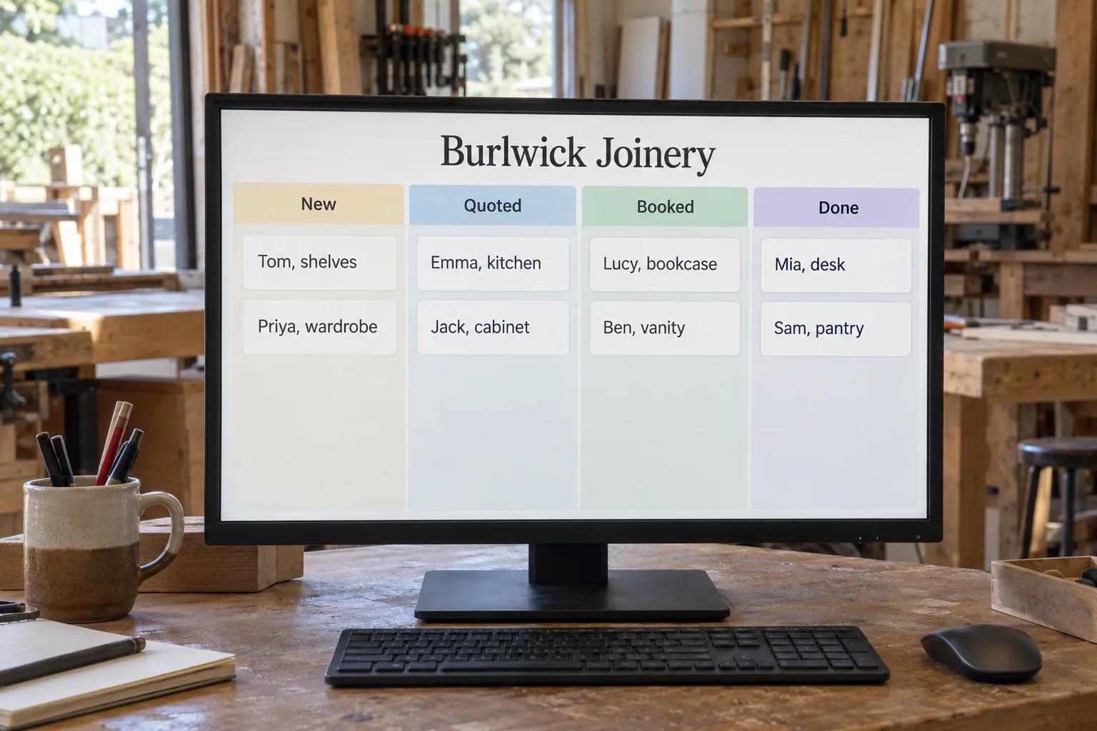 A monitor showing a Burlwick Joinery jobs board concept