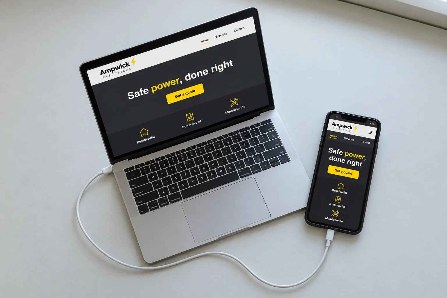 Ampwick Electrical website concept displayed on a laptop and phone