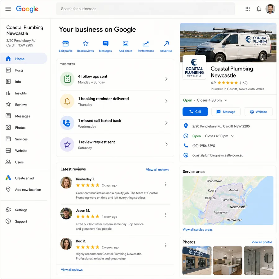A weekly list showing follow ups sent, a booking reminder delivered, a missed call texted back and a review request sent