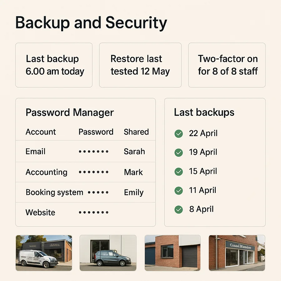 A backup and security screen for a small business showing the last backup taken this morning, the date a restore was last tested, and a password manager holding the business logins