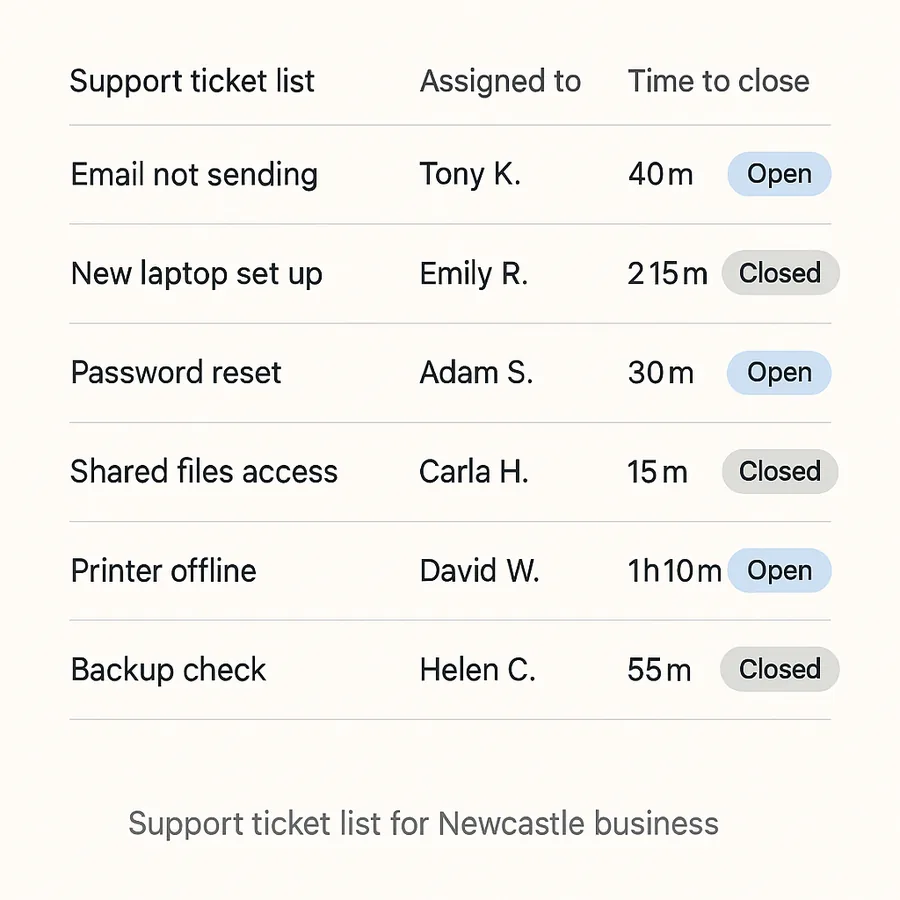 A support ticket list for a Newcastle business: each request written out with who picked it up, how long it took to close and whether it is still open