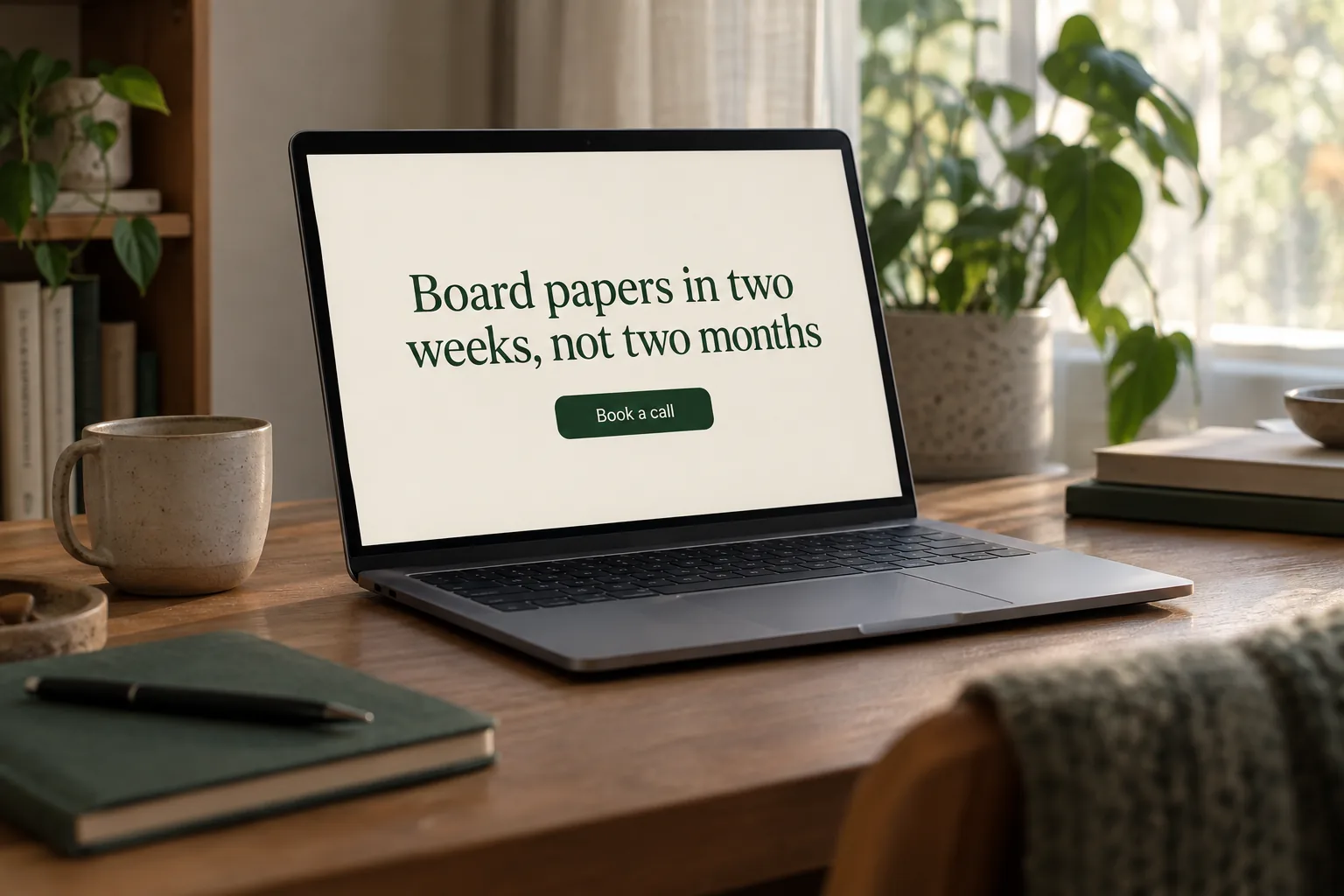 A laptop in a home study showing a consulting web page offering board papers in two weeks, a concept design