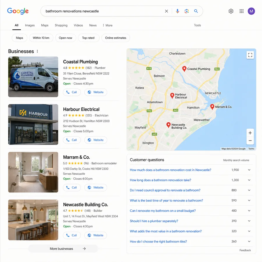 A Google results page showing a business ranking for a question rather than for a service