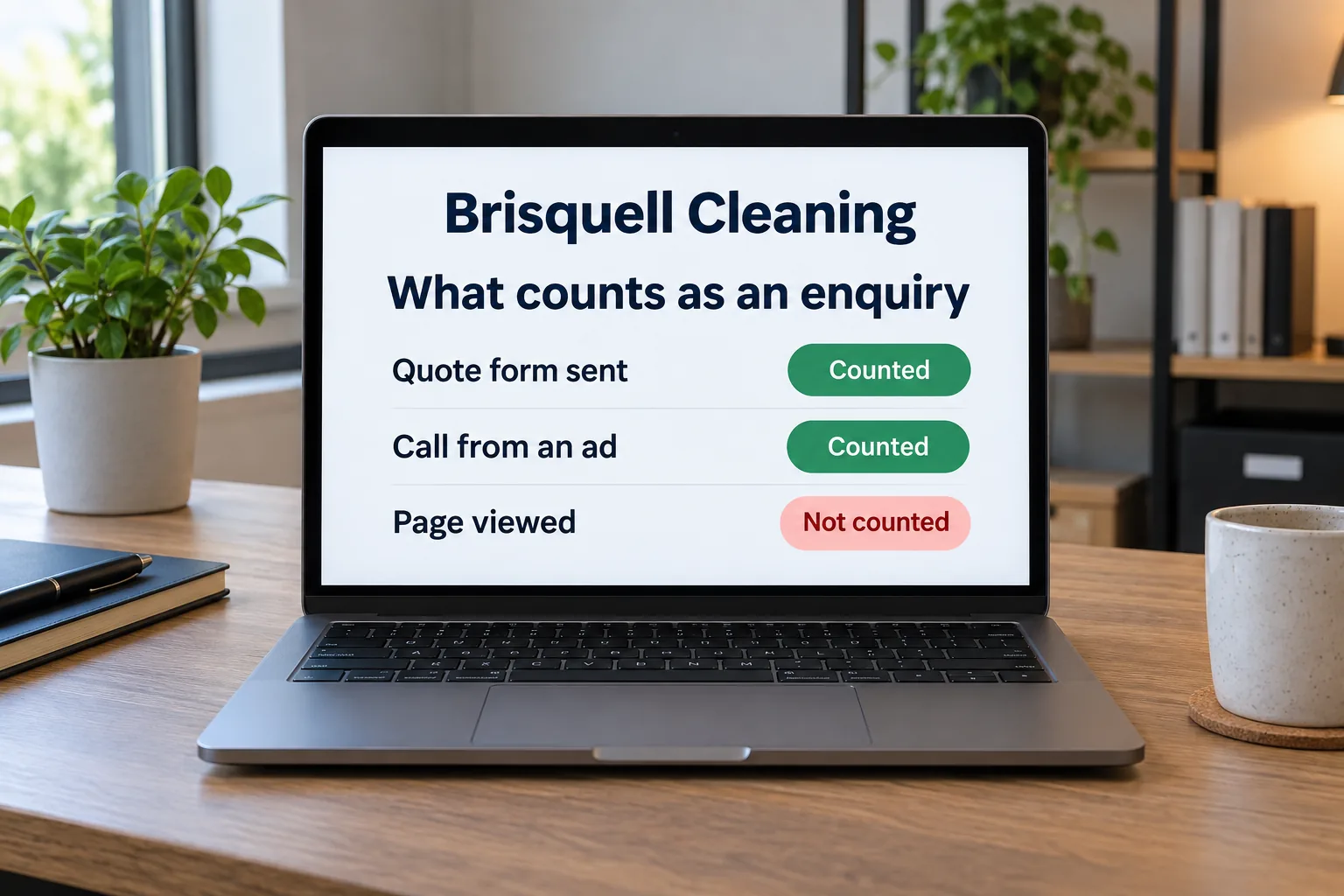 A laptop showing a Brisquell Cleaning enquiry tracking checklist concept