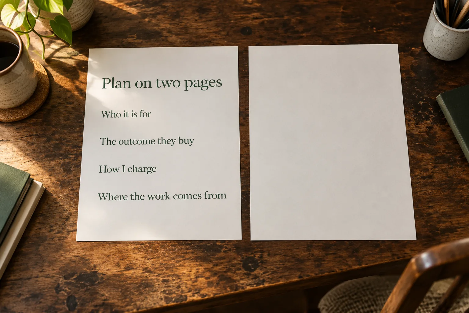 Two printed pages on a desk, the first headed Plan on two pages, a concept document