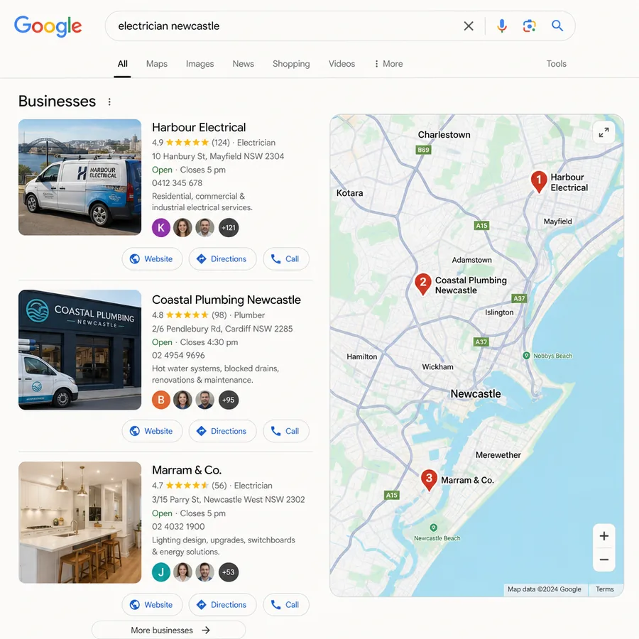An advertisement for a Newcastle business shown beside the search result and the social post for the same business