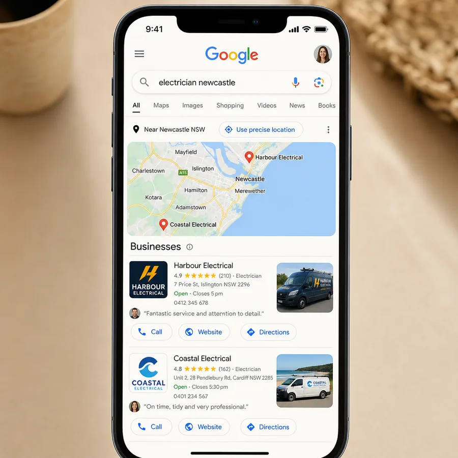 A business appearing in a search result, a paid advertisement and a social post, shown side by side