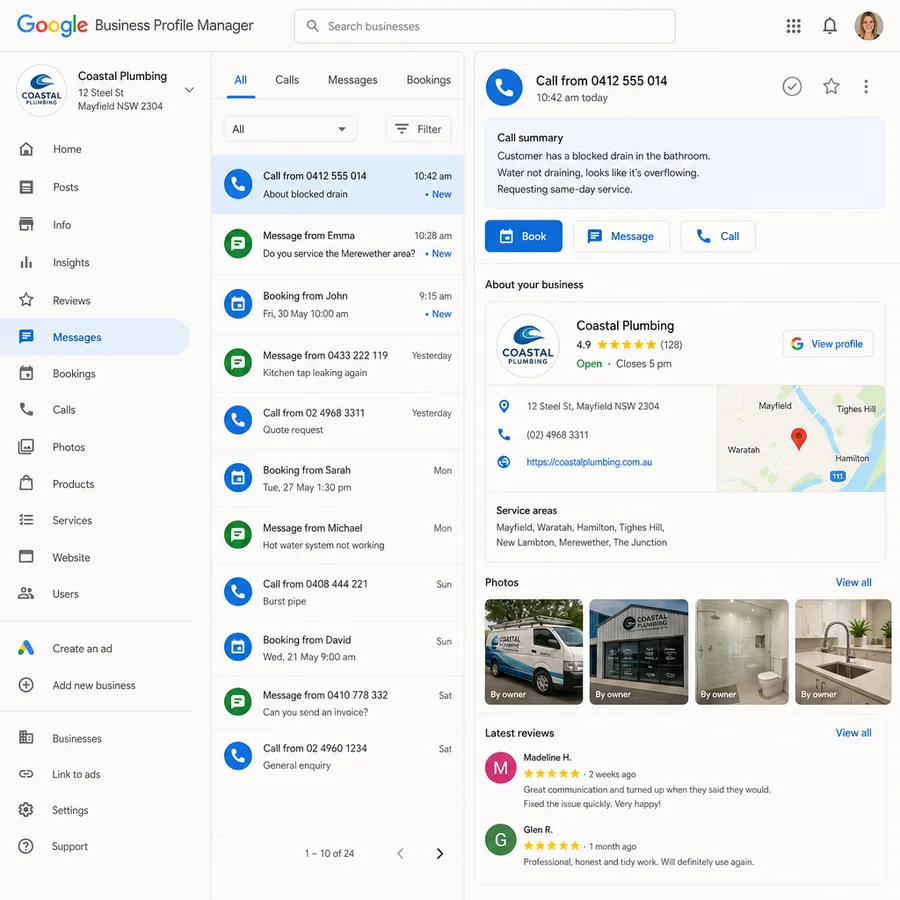 A map pack for a Newcastle search showing three businesses with their ratings and review counts