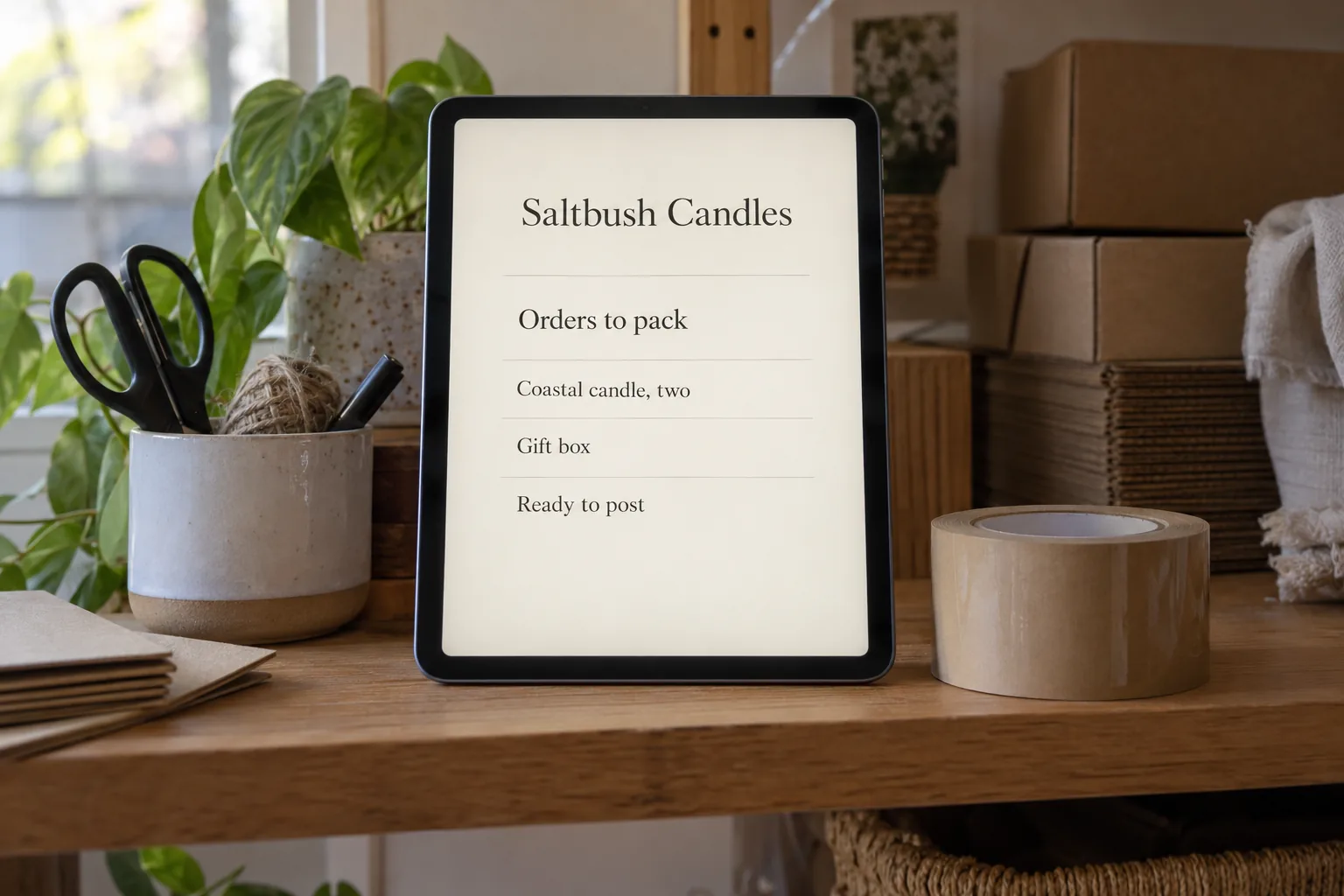 A tablet on a shelf showing a Saltbush Candles orders to pack list concept