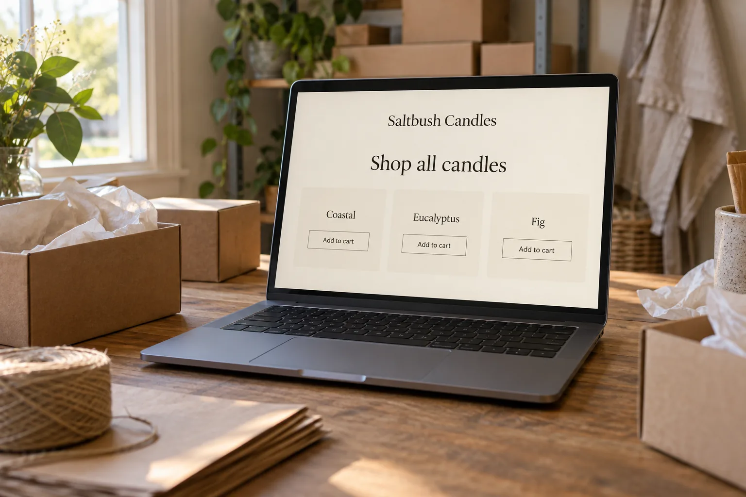 A laptop on a packing table showing a Saltbush Candles online shop page concept