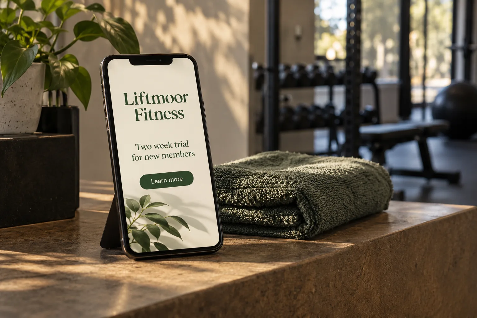 A phone on a gym front desk showing a Liftmoor Fitness social media ad concept