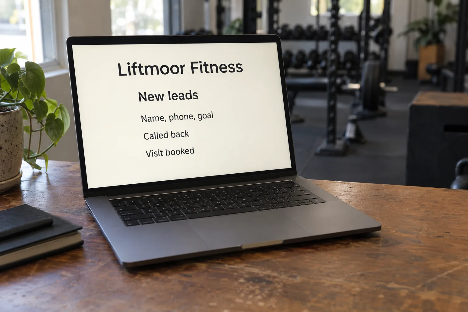 A laptop in a gym office showing a Liftmoor Fitness new leads list concept