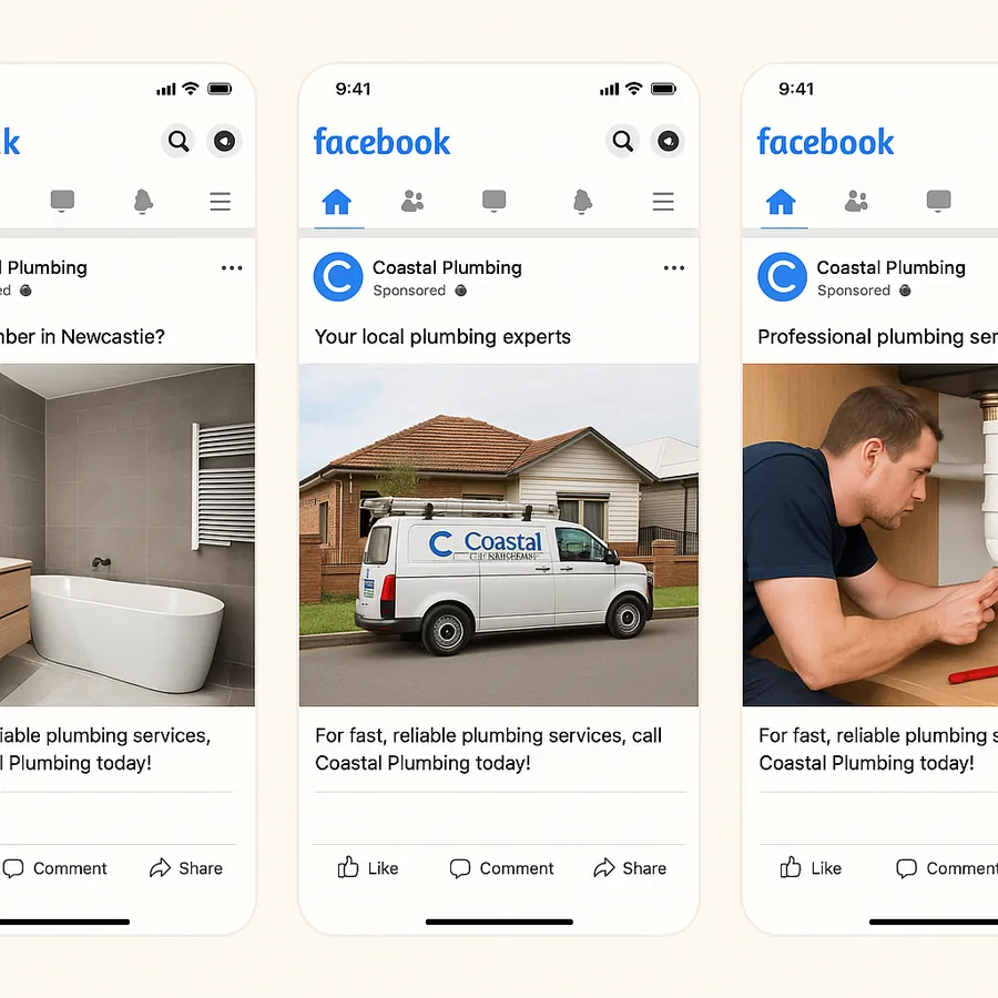 Three versions of the same Facebook advertisement side by side, each with a different photograph and opening line