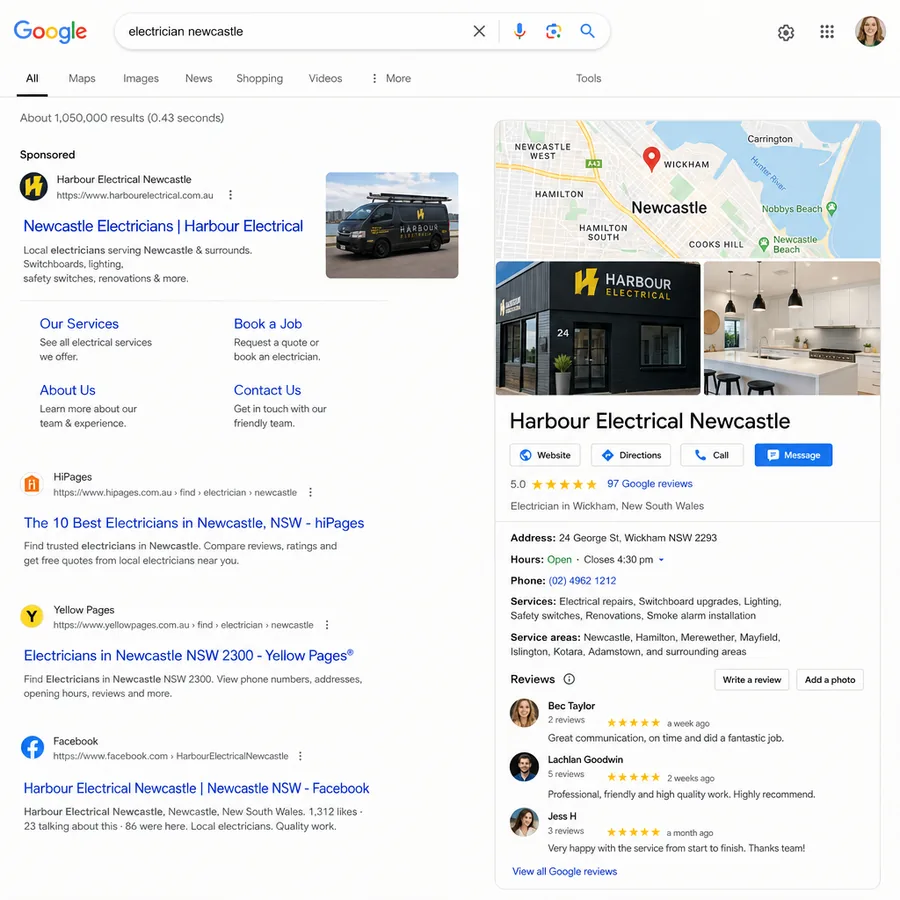 An advertisement for a Newcastle business as it appears in a social feed, beside the page it sends people to