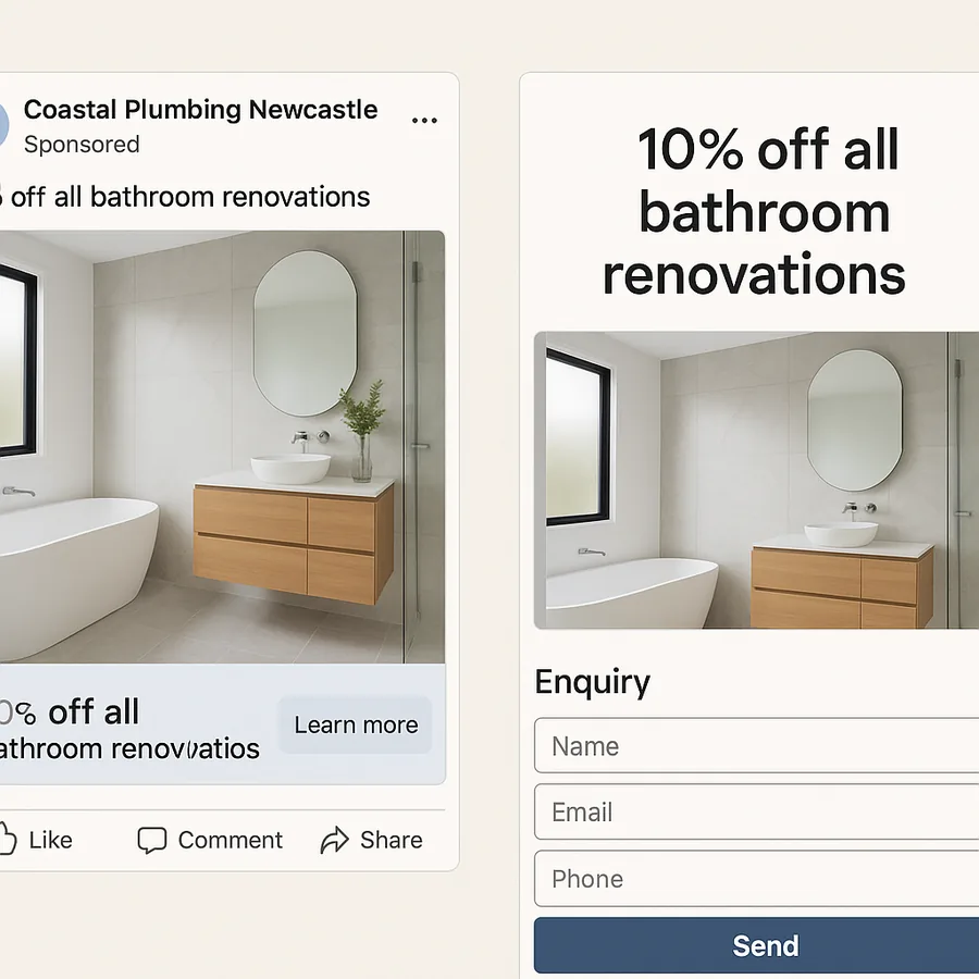 An advertisement for a Newcastle business as it appears in a social feed, beside the page it sends people to