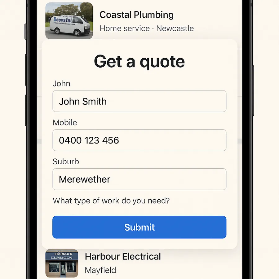 An enquiry form opening straight from a social advertisement on a phone, the name and mobile already filled in and one question left to answer