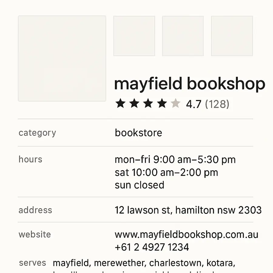 A Google Business Profile panel showing a business name, rating, category, hours and photographs