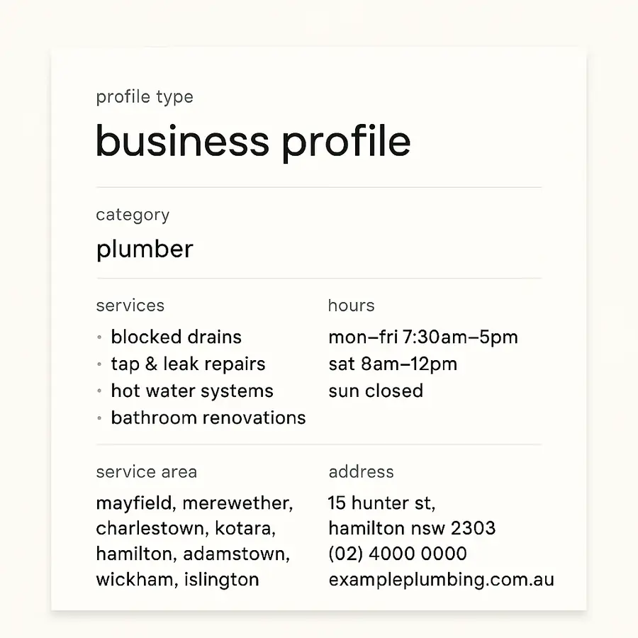 The Google Business Profile information screen with the category, services, hours and service area filled in