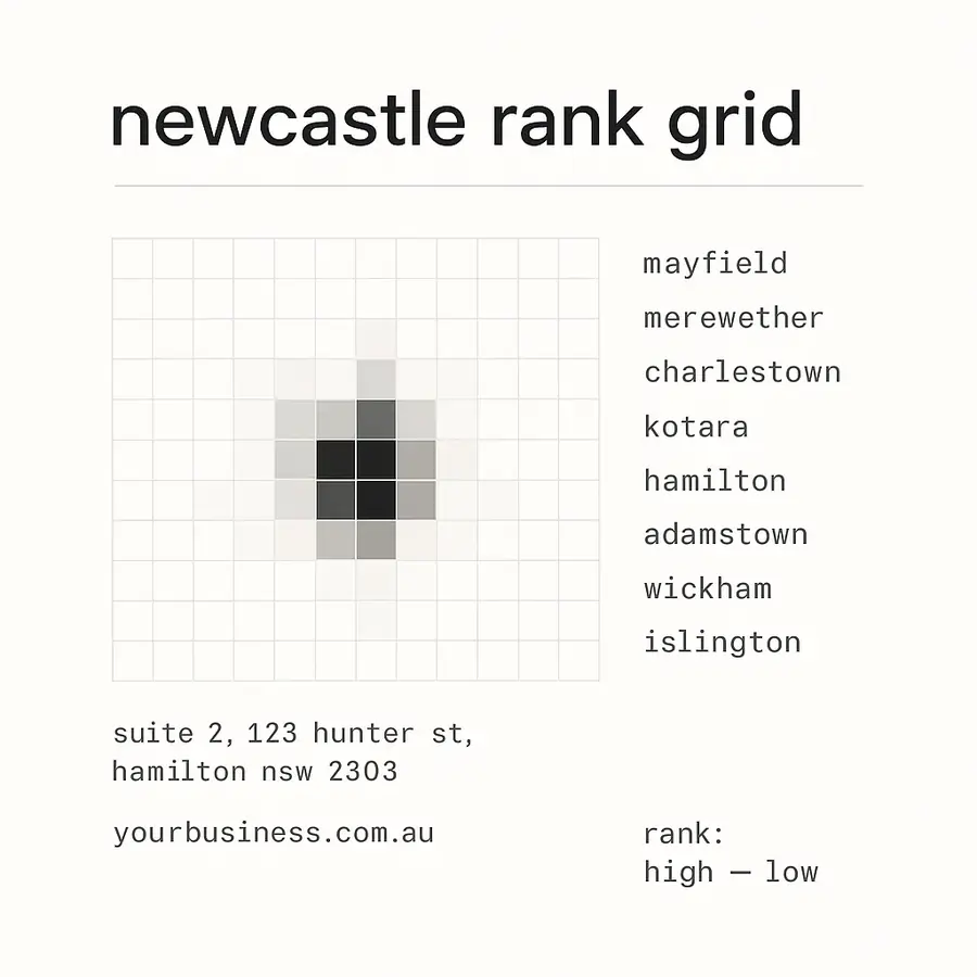A rank grid over Newcastle showing a business strong near its address and weakening through the outer suburbs