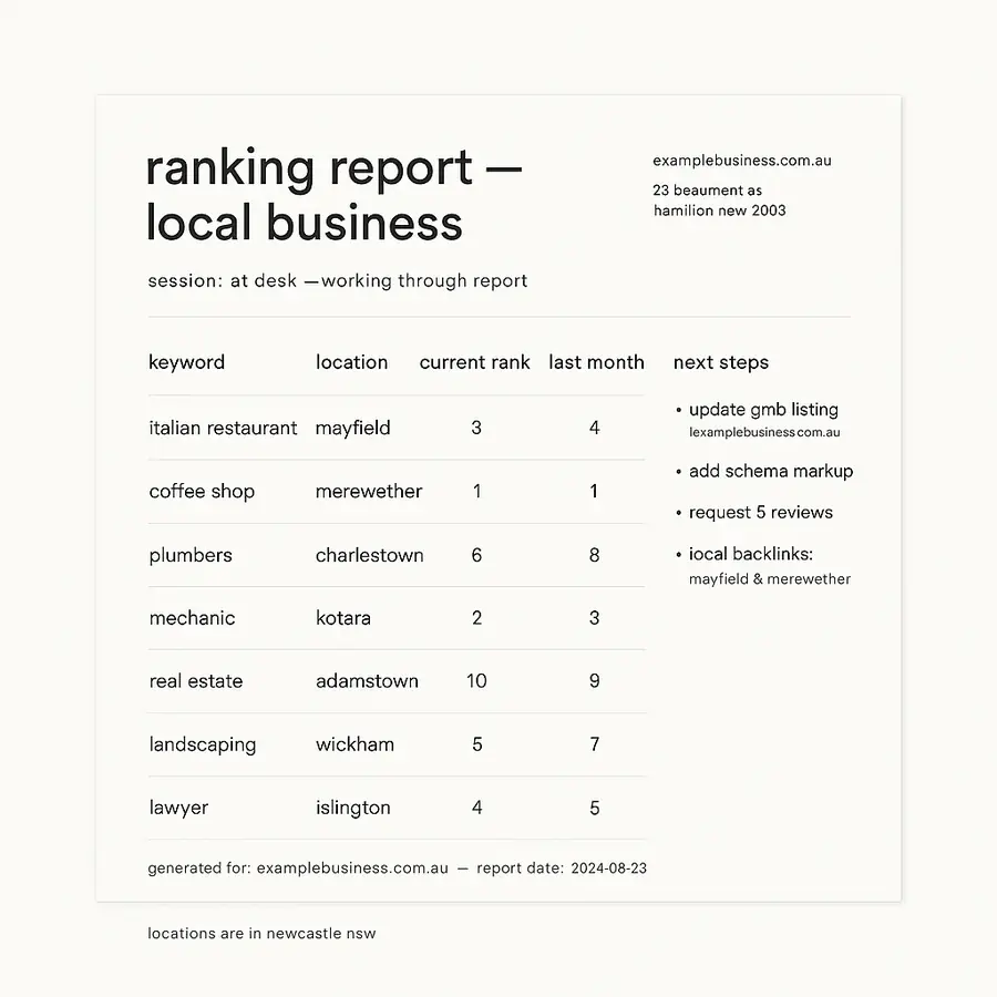 A person at a desk working through a ranking report for a local business