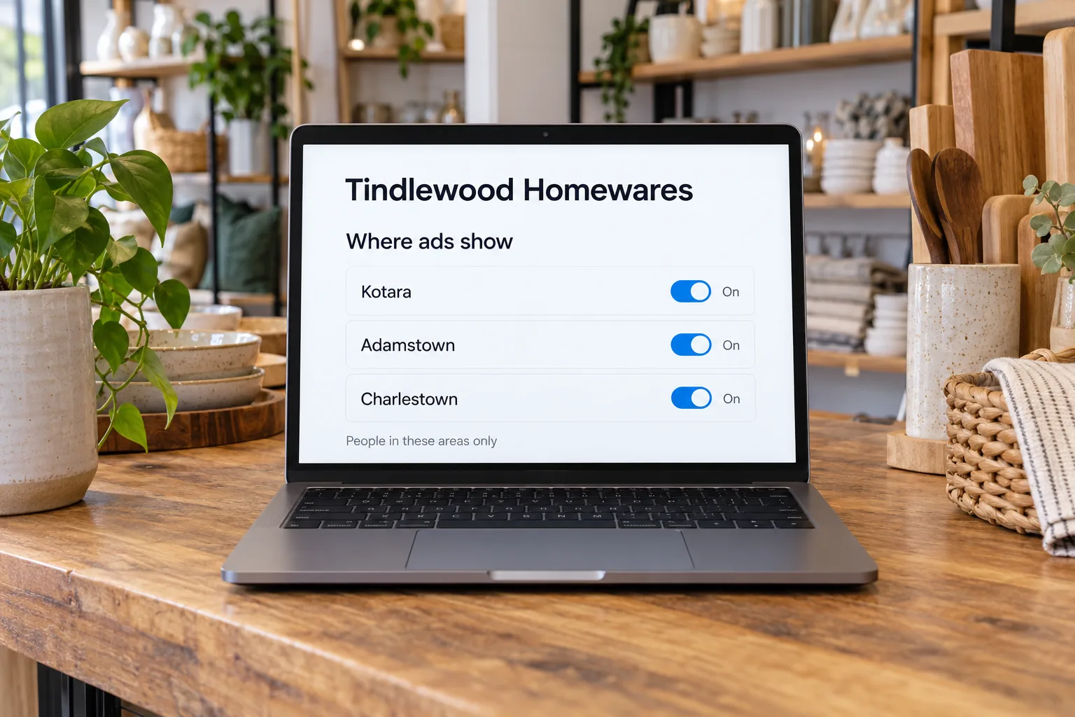 A laptop showing a Tindlewood Homewares ad locations settings concept
