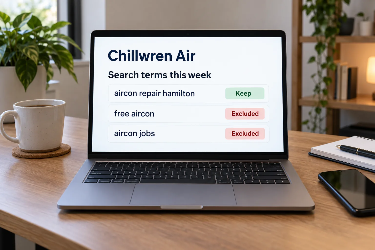 A laptop showing a Chillwren Air search terms report concept
