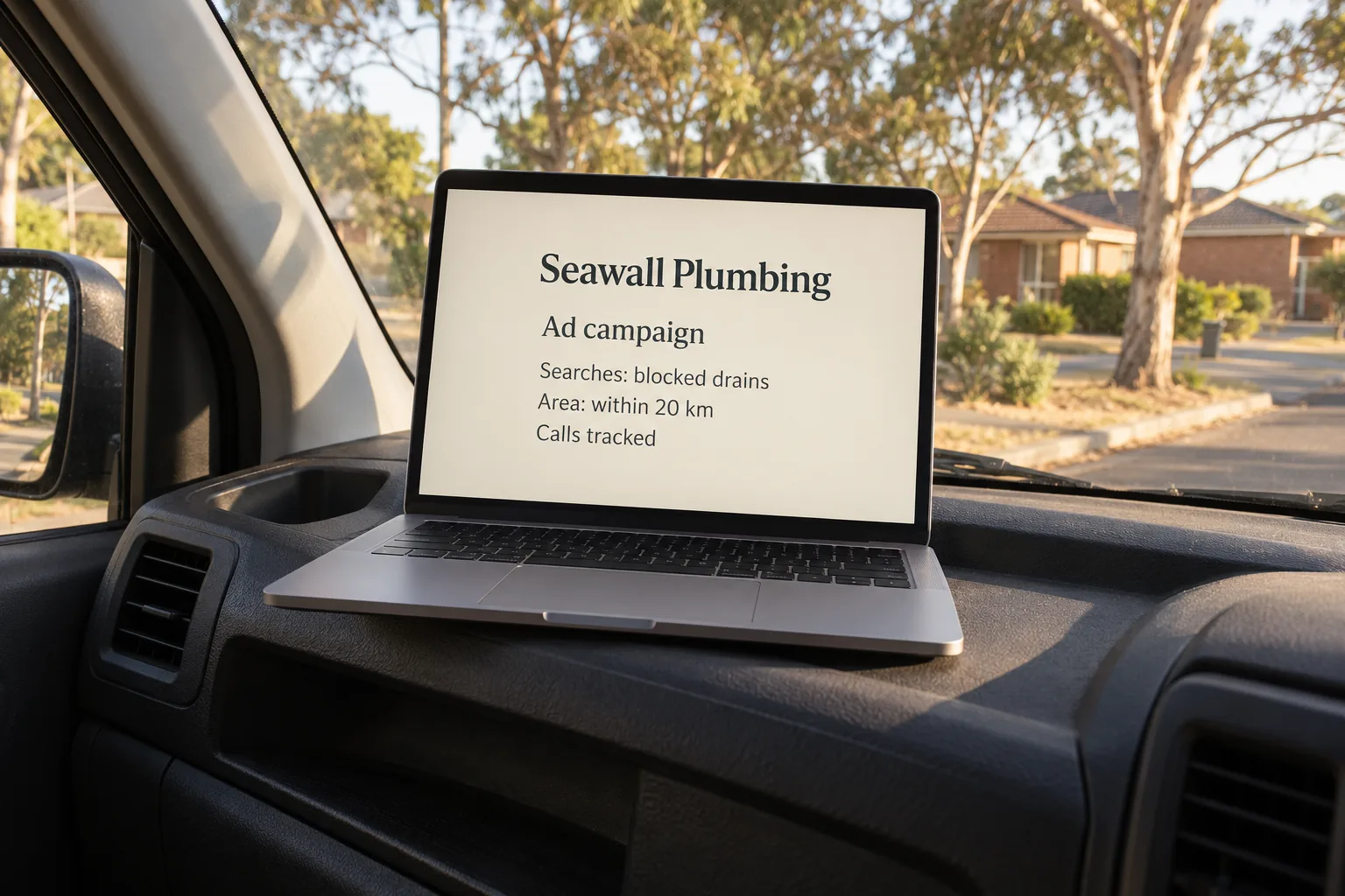 A laptop in a plumber’s van showing a Seawall Plumbing ad campaign settings concept