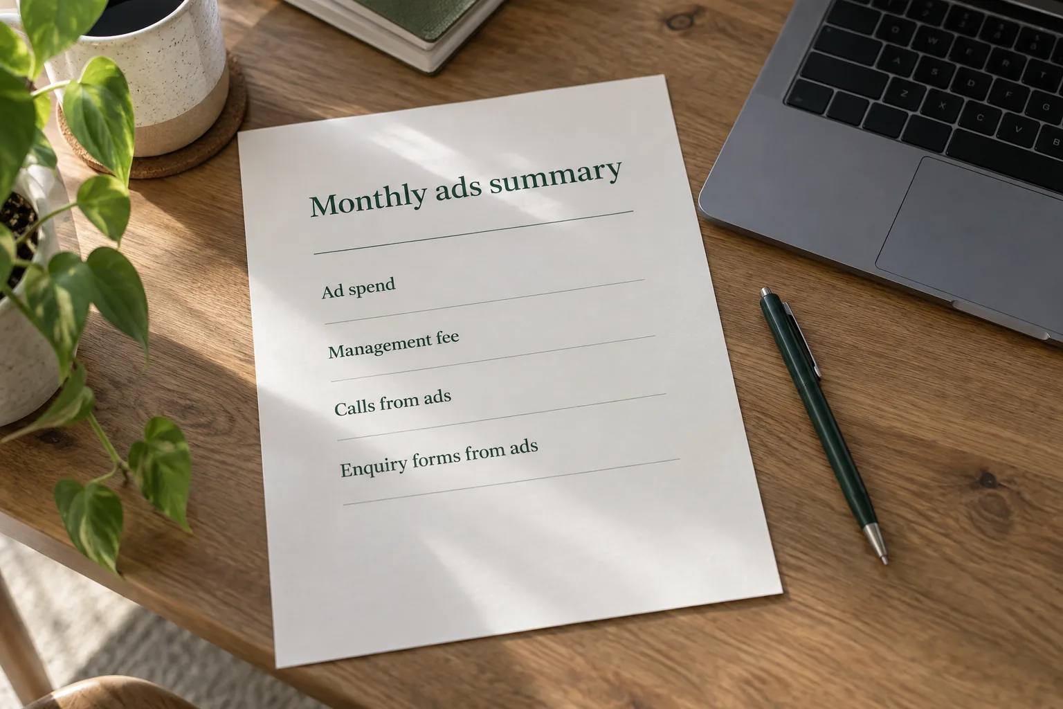 A printed monthly ads summary listing ad spend, management fee, calls from ads and enquiry forms, a concept document