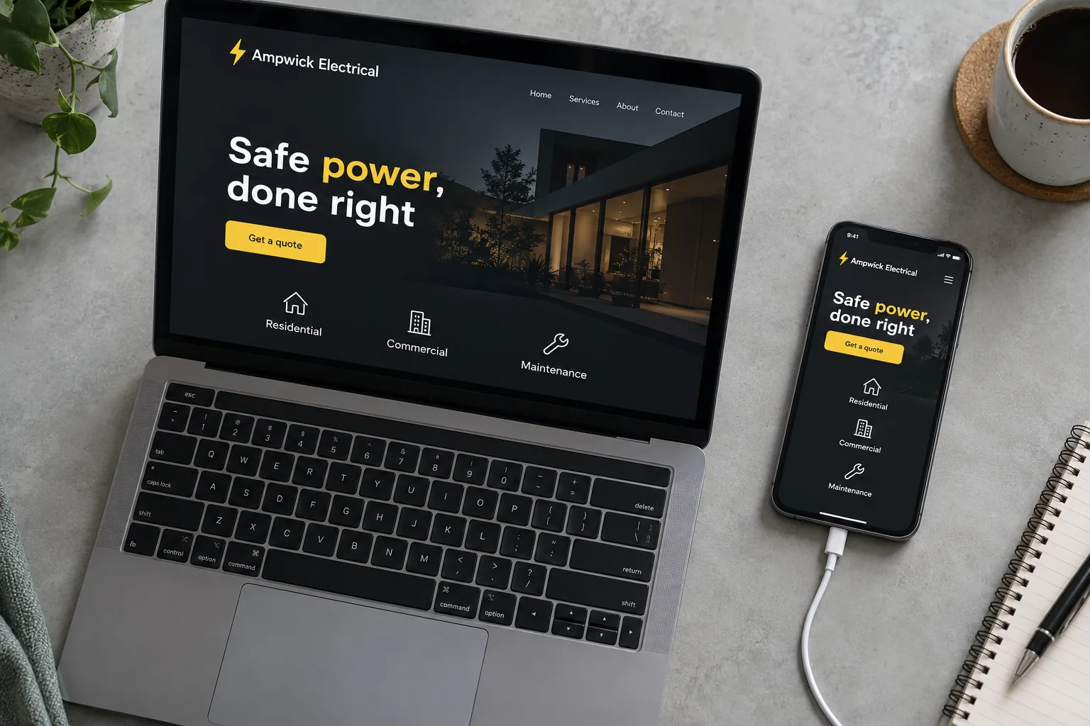 An electrician website concept shown on a laptop and phone, with a quote button