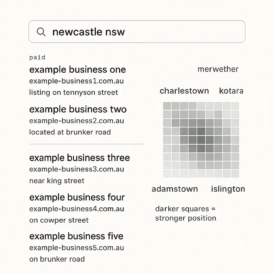 A Google results page with the paid advertisements marked at the top, above the map and the ordinary results