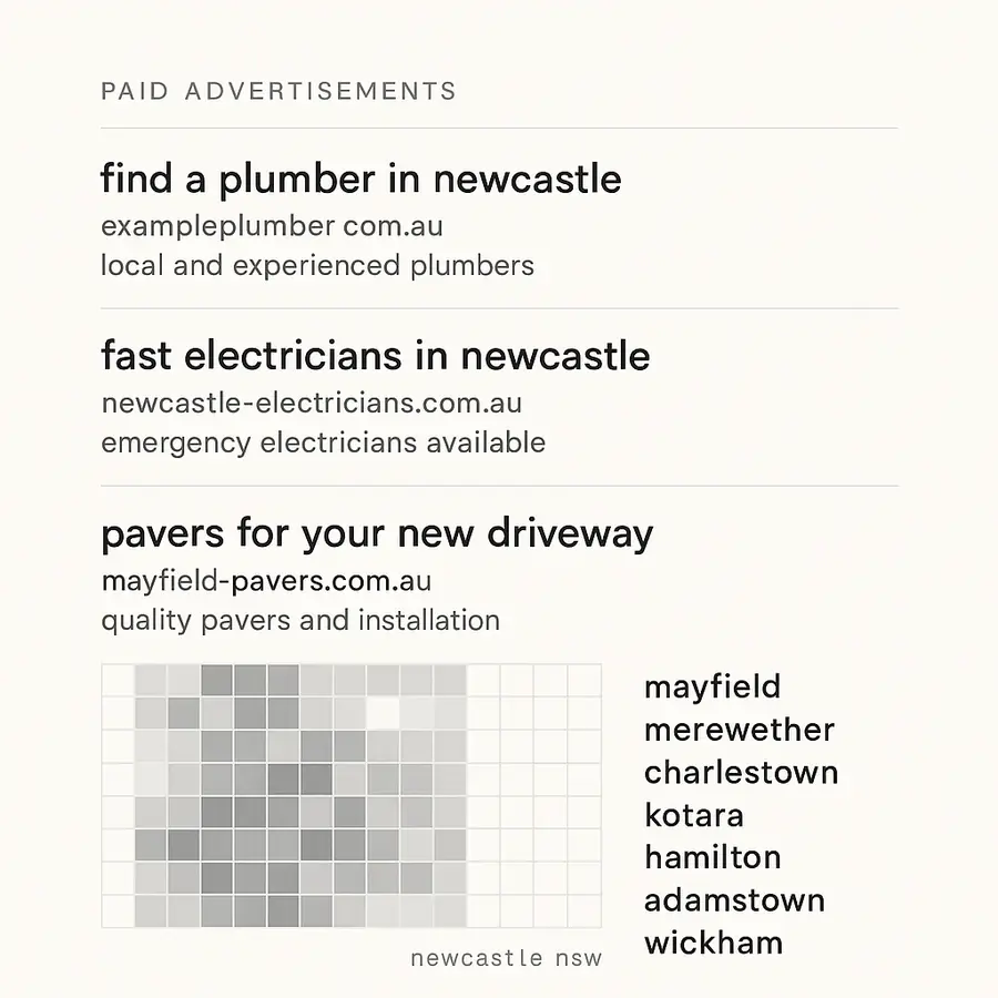 A search result showing paid advertisements above the map, each marked as sponsored