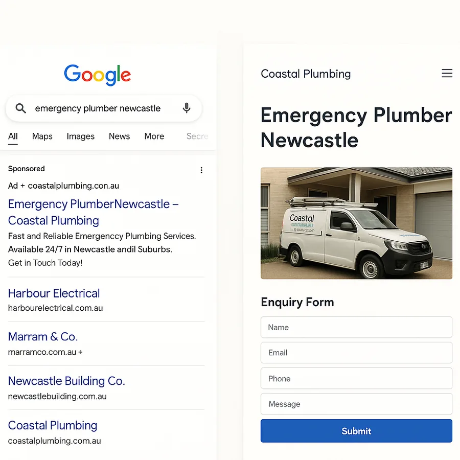 A Google search advertisement for a Newcastle business beside the page it sends people to, the same words in both