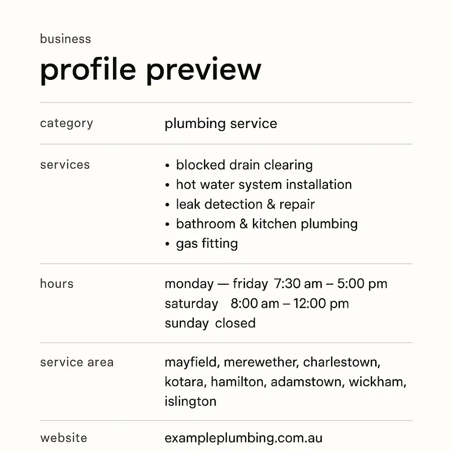 The Google Business Profile information screen with the category, the service list, the hours and the service area all filled in