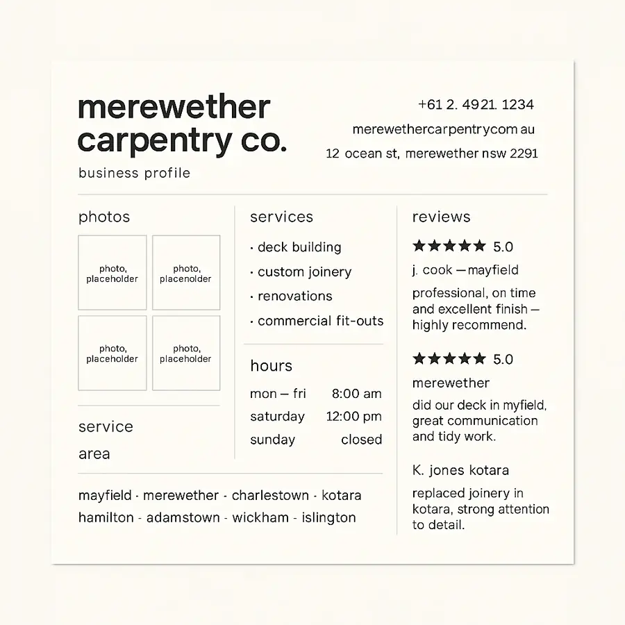 A completed Google Business Profile for a Newcastle business showing photos, services, hours and recent reviews
