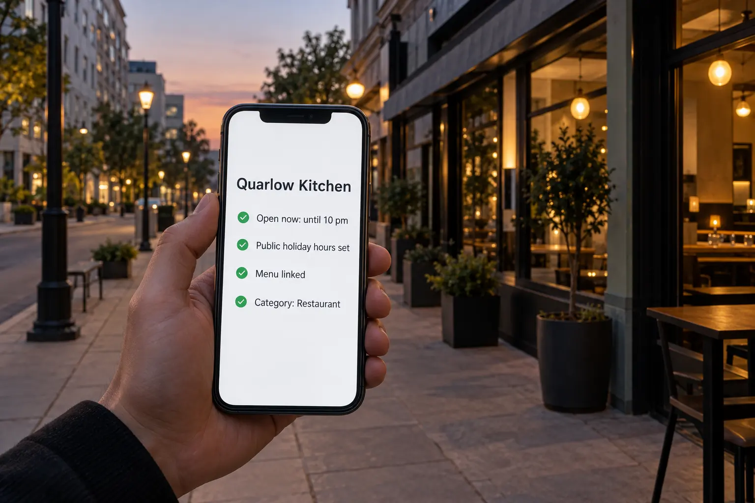 A phone showing a Quarlow Kitchen business profile concept outside a restaurant