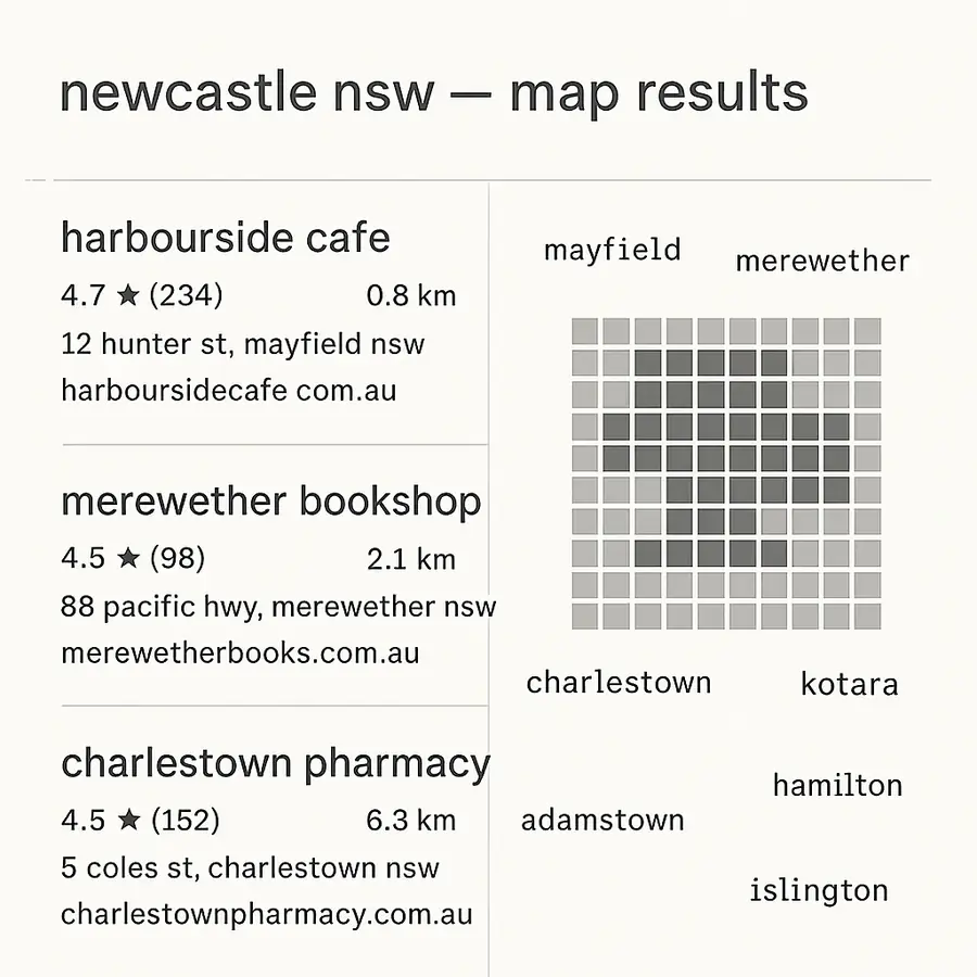 A Google map pack for a Newcastle search showing the three businesses Google chose, with their ratings and distances