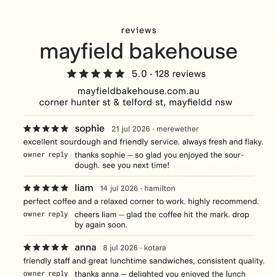 A Google reviews panel for a Newcastle business showing a five star rating and recent reviews with owner replies underneath