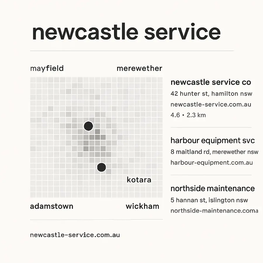 A Google Maps result for a Newcastle service search, with three business pins highlighted and the rest of the map faded