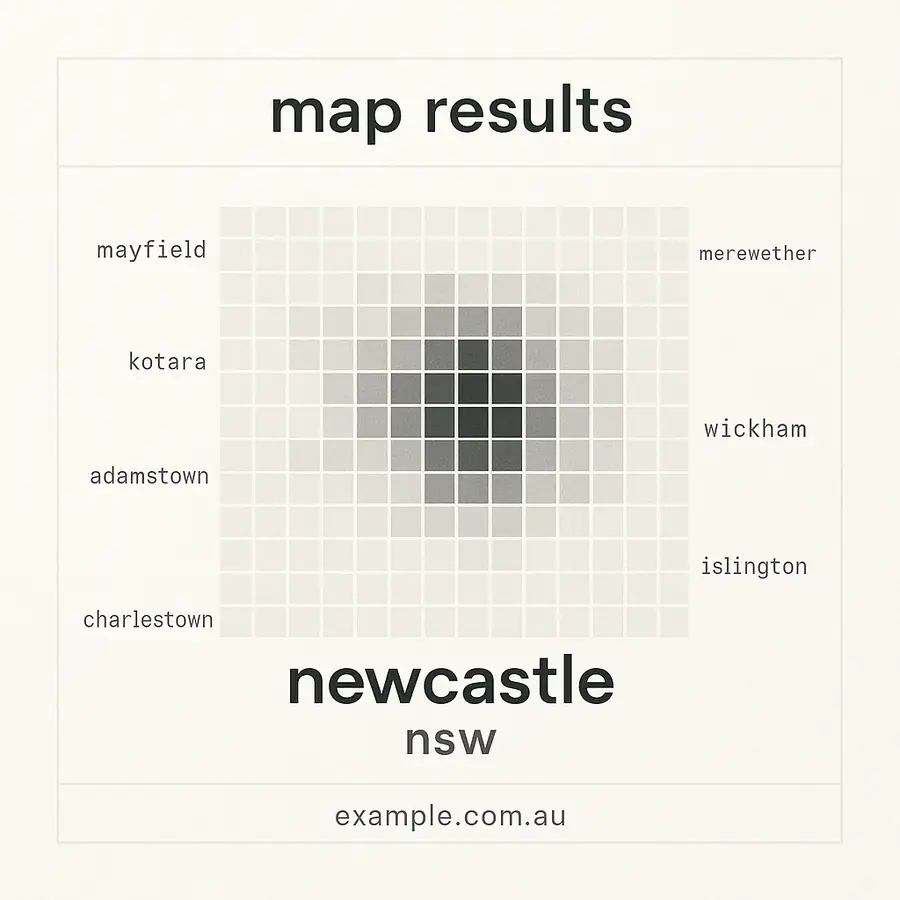 A Google Maps view of Newcastle with results strong near the city centre and thinning out west through Cardiff and south through Charlestown