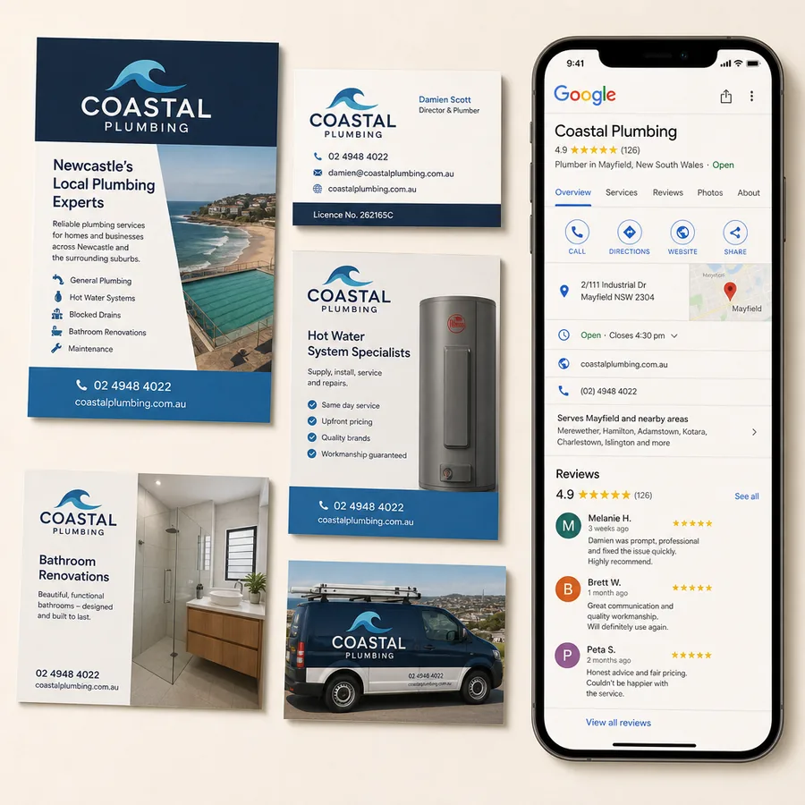A map pack for a Newcastle search showing three businesses with their star ratings and review counts side by side