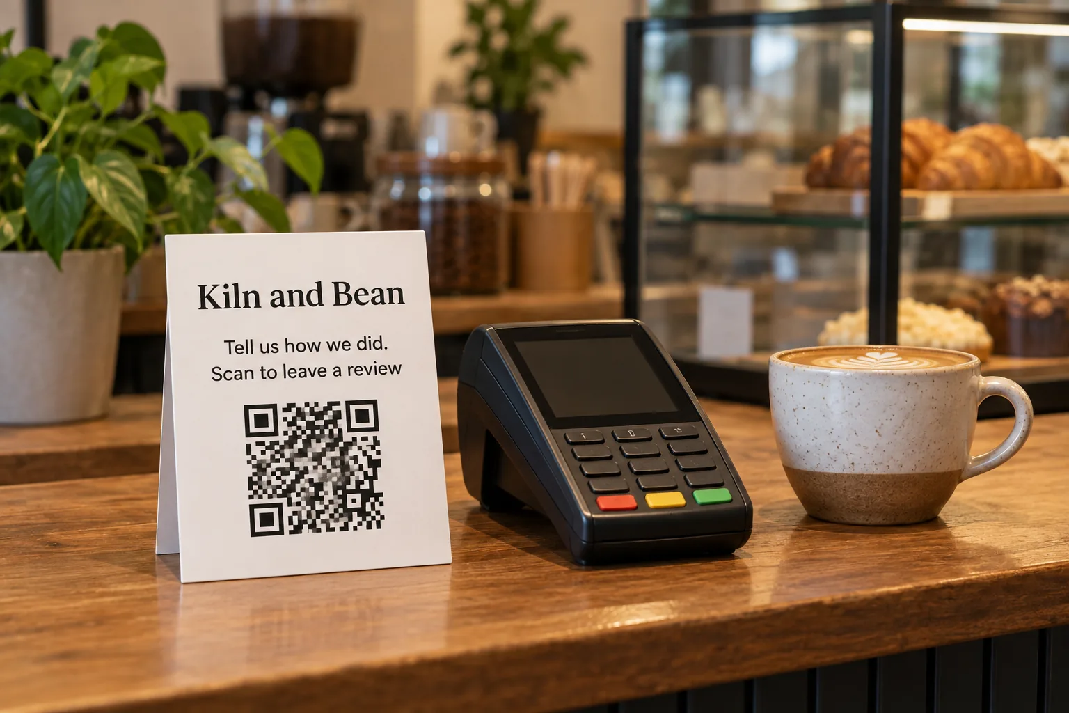 A card at a cafe counter inviting Kiln and Bean customers to scan and leave a review concept