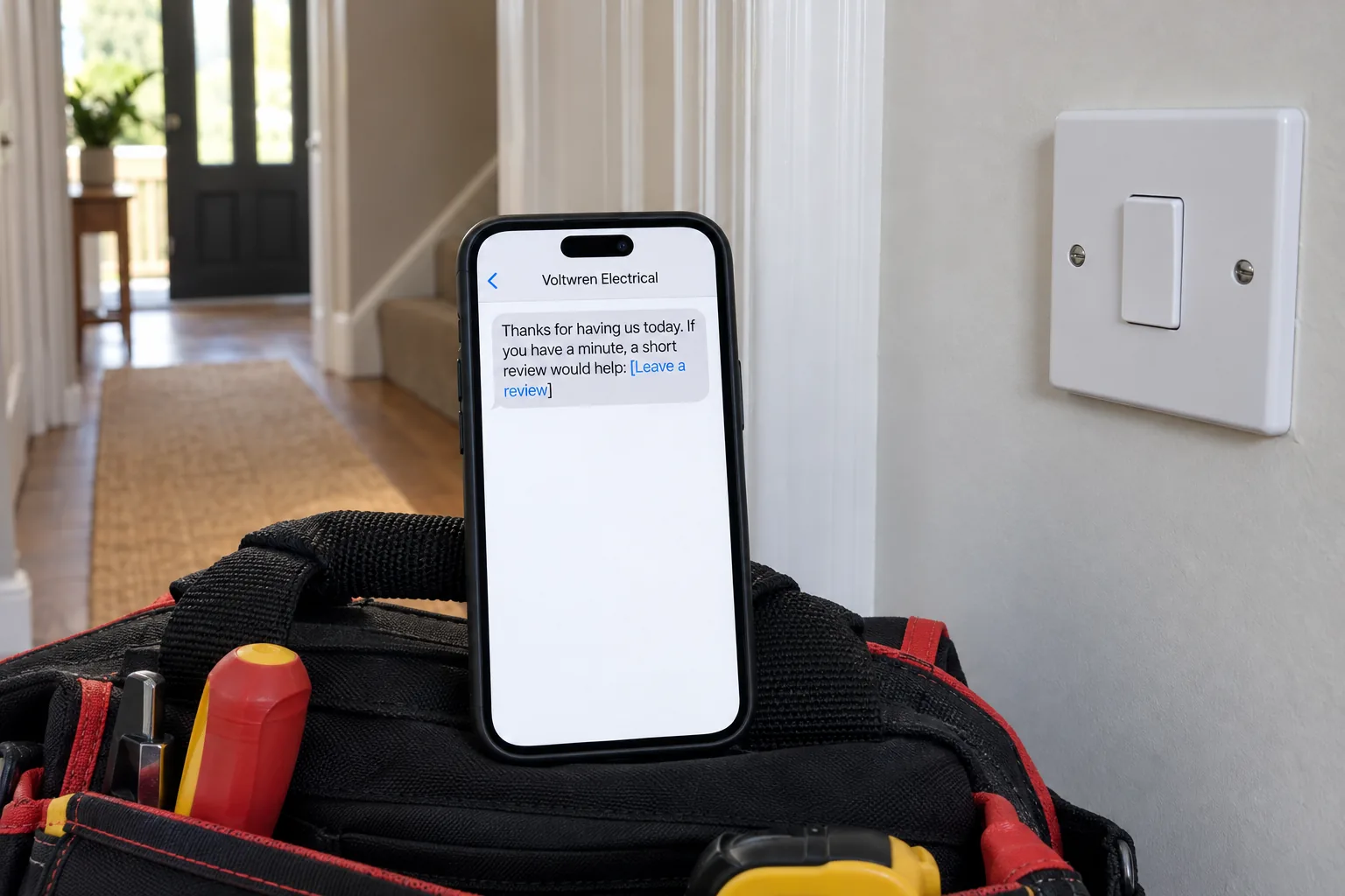 A phone on a toolbag showing a Voltwren Electrical review request message concept