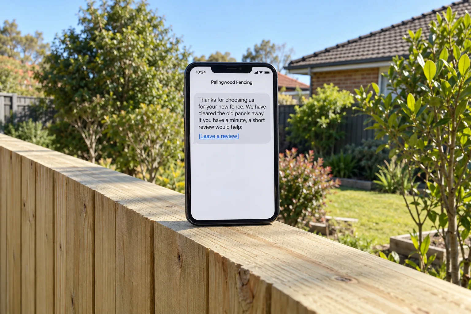 A phone on a new fence showing a Palingwood Fencing review request message concept