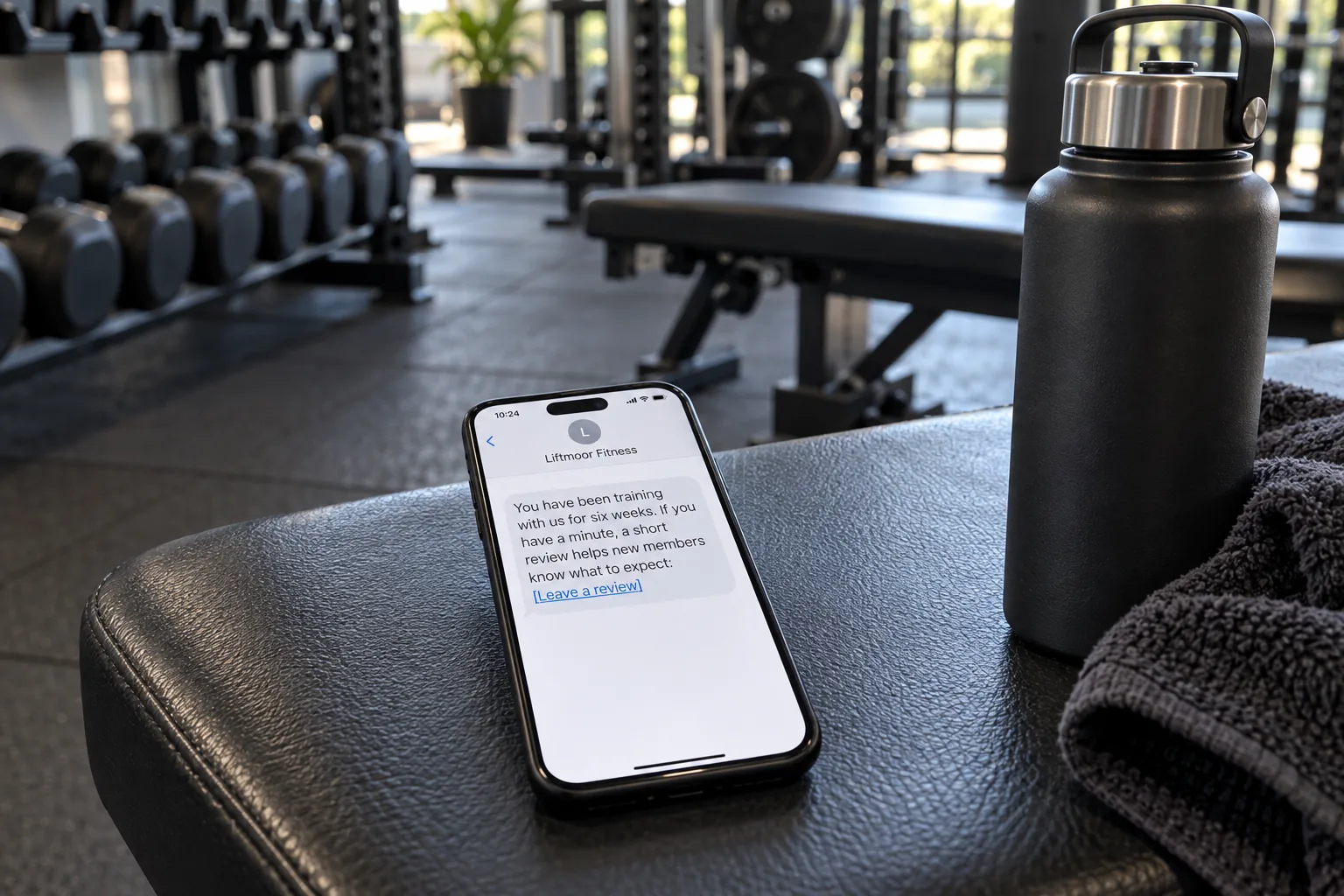 A phone on a gym bench showing a Liftmoor Fitness review request message concept