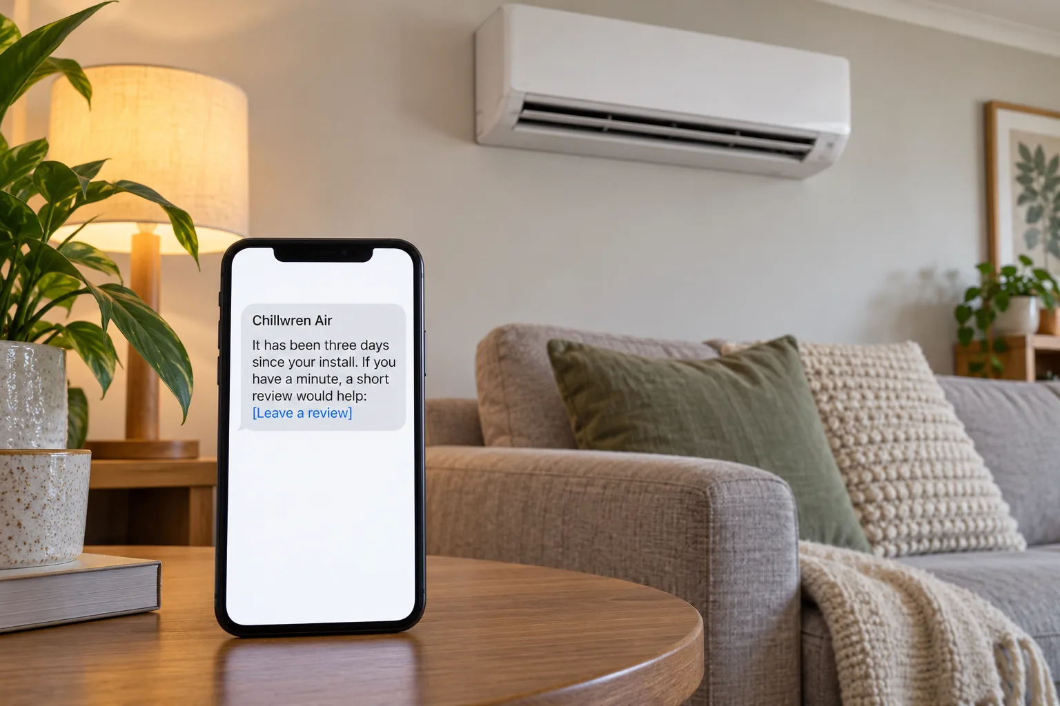 A phone beneath a new air conditioner showing a Chillwren Air review request message concept