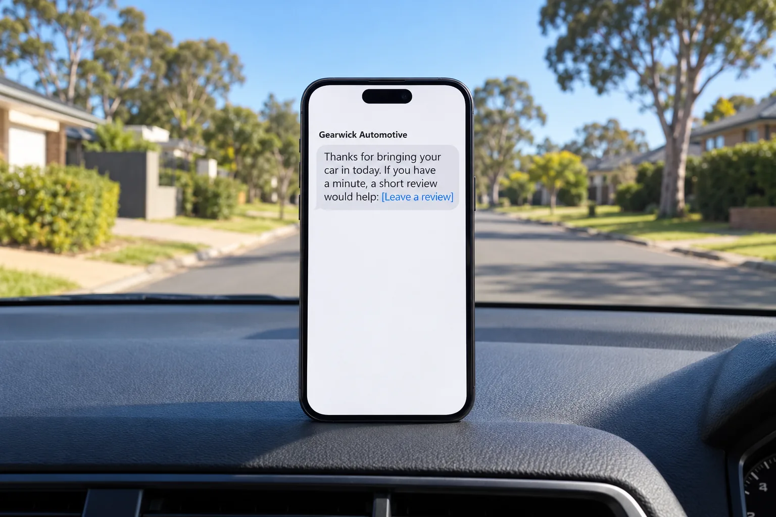 A phone on a car dashboard showing a Gearwick Automotive review request message concept